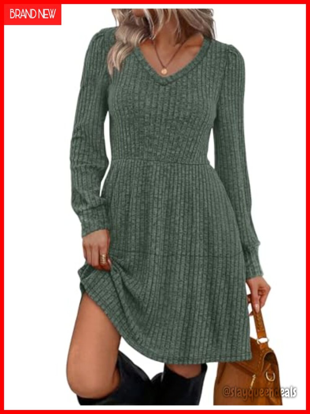 V Neck Long Sleeve Babydoll Sweater Dress Knit Casual
